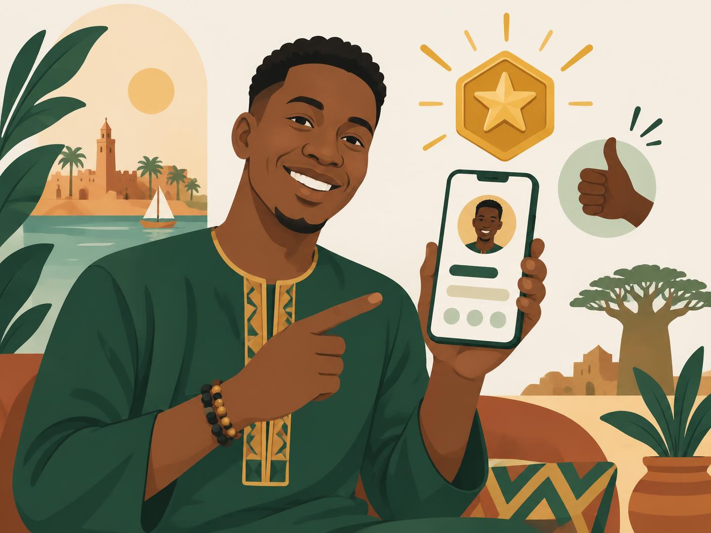 Un homme souriant montre son profil sur son téléphone ; au-dessus flotte un badge doré hexagonal avec une étoile, et un pouce levé à côté