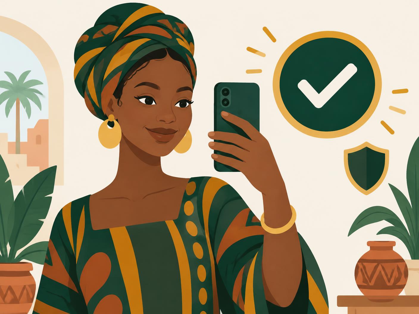 Une femme prend un selfie de vérification sur son téléphone ; à côté, un badge vert rond avec une coche blanche et un petit bouclier