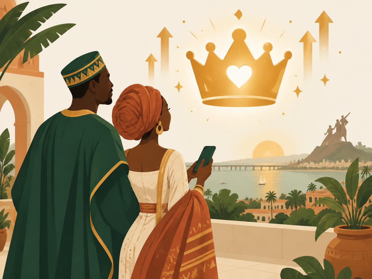 Un couple élégant regarde une couronne dorée avec un cœur lumineux au centre, entourée de flèches qui montent, un téléphone à la main