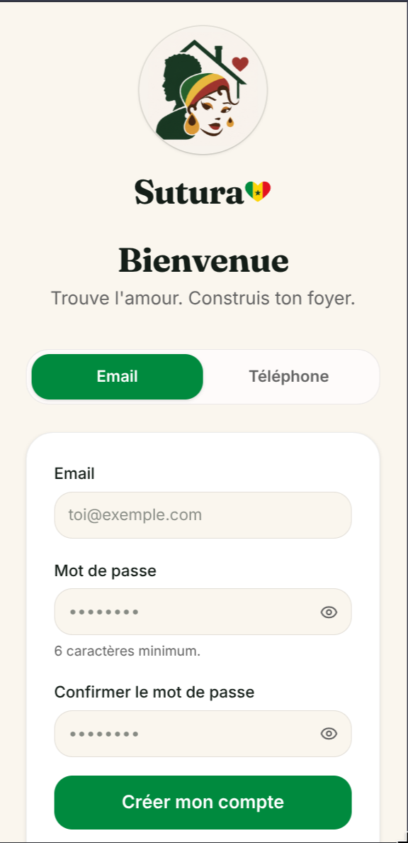 Écran réel d'inscription de SuturaLove avec création de compte par email