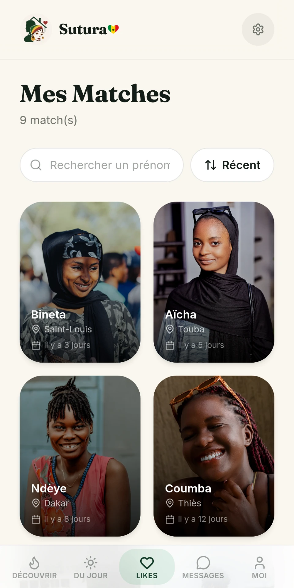 Écran réel Mes Matches de SuturaLove avec une liste de profils