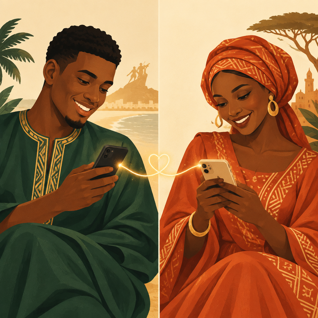 Deux jeunes Sénégalais echangent sur SuturaLove, reliés par une conversation