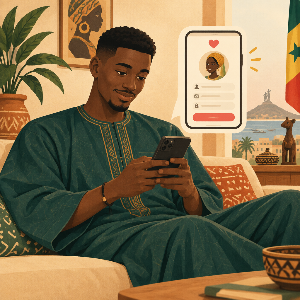 Un jeune homme sénégalais crée son compte SuturaLove sur son téléphone
