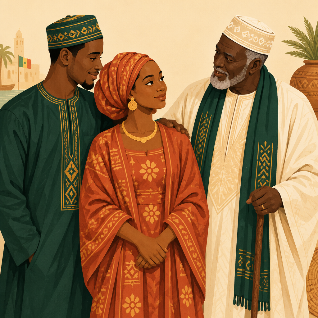 Un couple sénégalais avec un aîné de famille, le wali, qui les accompagne