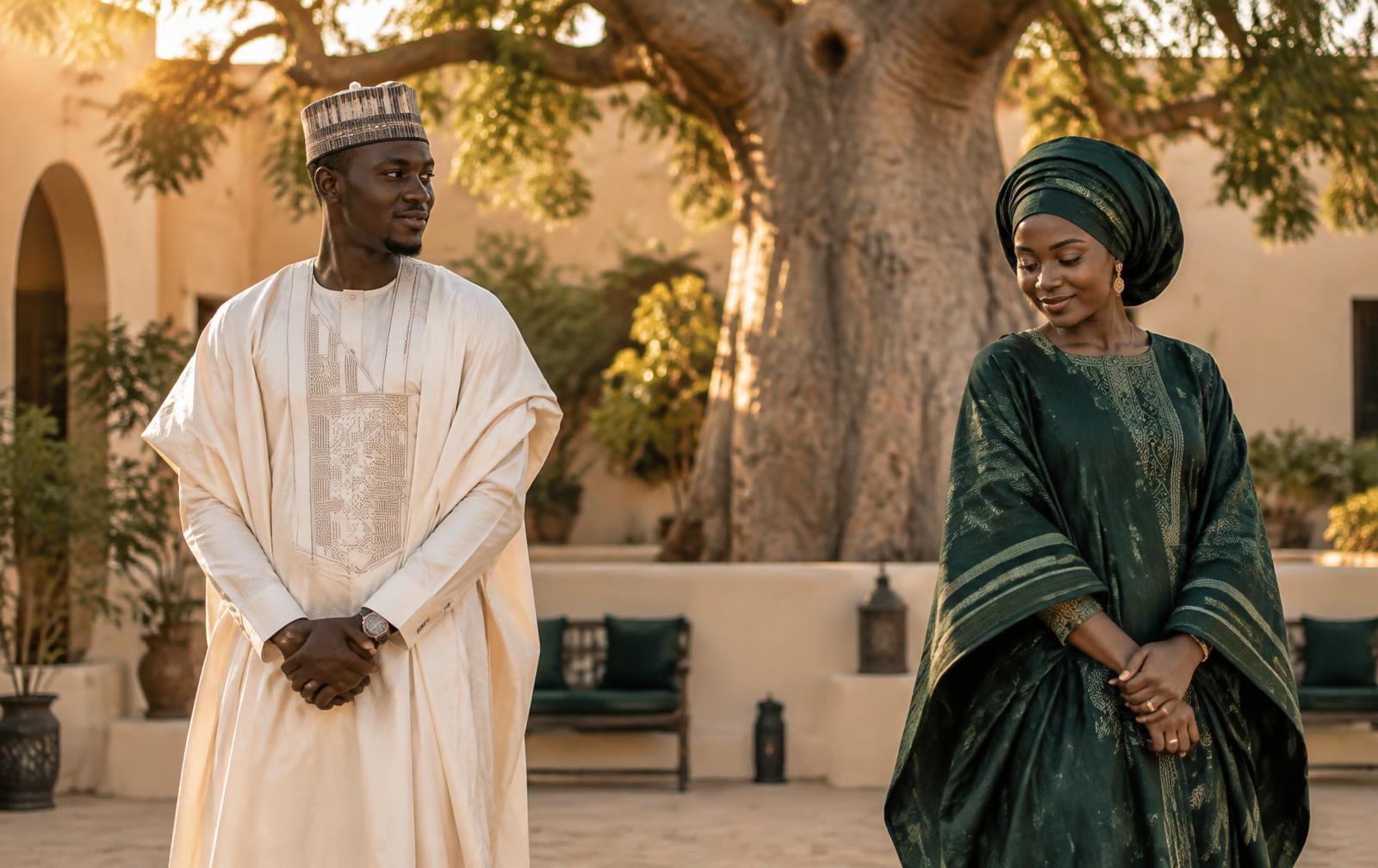 Un couple sénégalais en tenue traditionnelle dans une cour