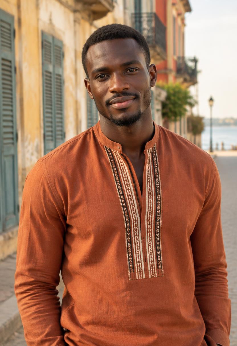 Portrait d'un homme sénégalais en tenue terracotta
