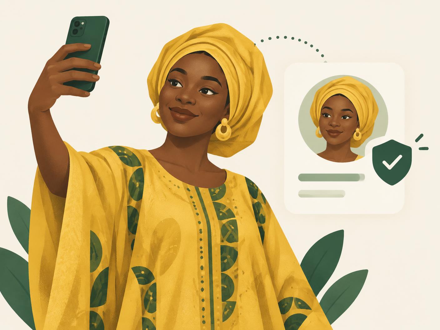 Une jeune femme en boubou doré prend un selfie pour faire vérifier son profil, un badge vert apparaît à côté de sa carte