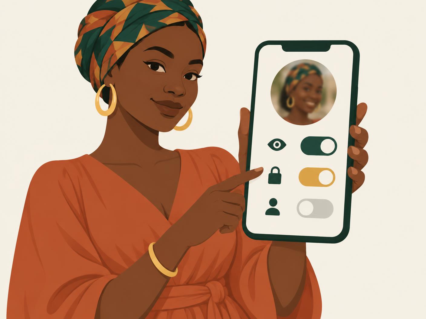 Une femme regarde son propre profil sur son téléphone : photo volontairement floutée et curseurs de visibilité