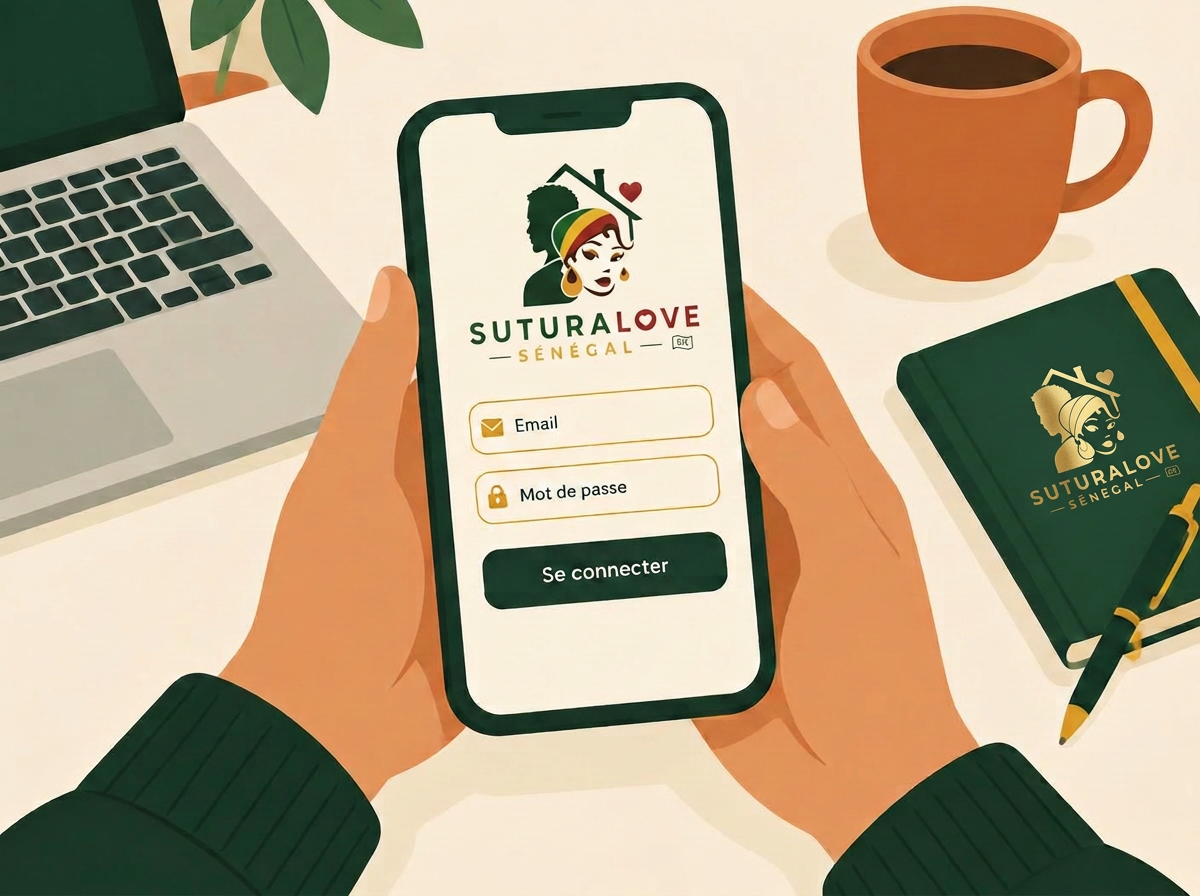 Des mains tiennent un téléphone affichant l'écran de connexion SuturaLove avec les champs Email et Mot de passe