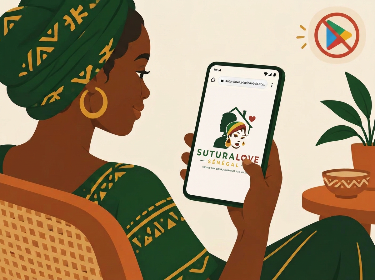 Une femme ouvre suturalove.pixelbaobab.com dans le navigateur de son téléphone ; l'icône du Play Store est barrée