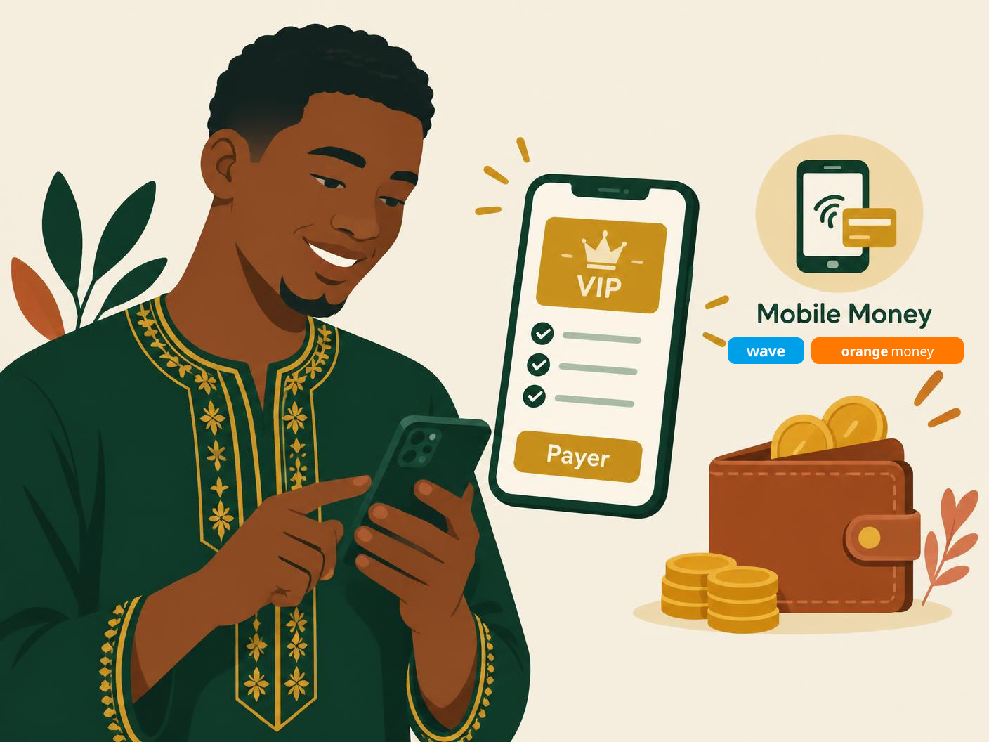 Un homme valide le paiement de l'offre VIP depuis son téléphone ; sous « Mobile Money », les badges Wave et Orange Money du Sénégal, avec un portefeuille à côté