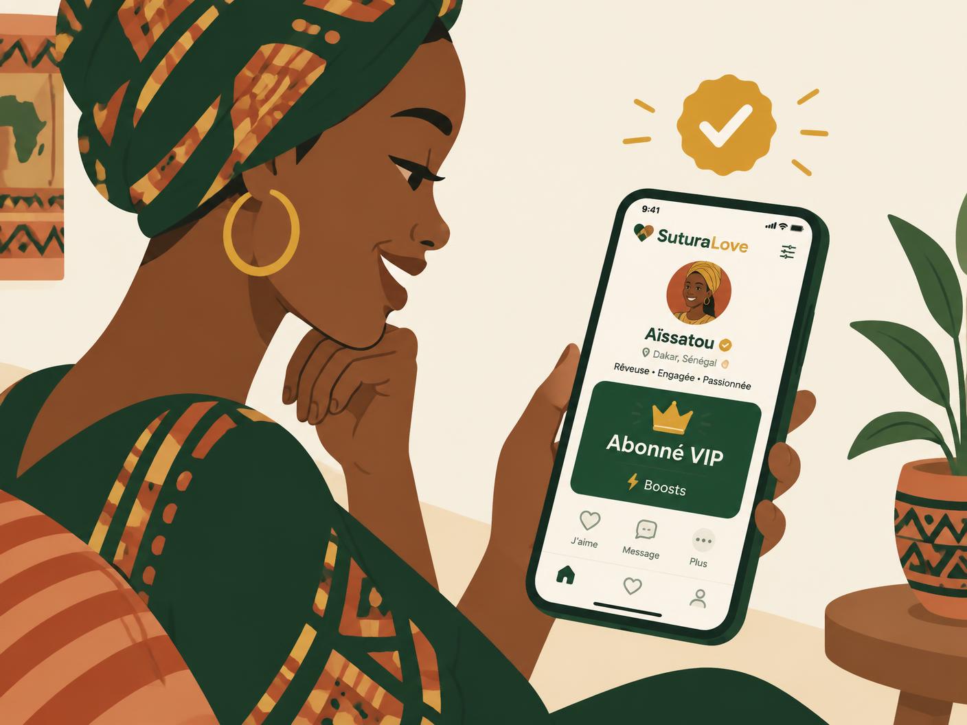 Une femme sourit devant son téléphone qui affiche la carte verte « Abonné VIP » avec la couronne dorée et les boosts
